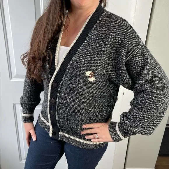 Vintage Sweater Lightning Bolt Patch Black Tan Grandpa Cardigan Size Small - Picture 11 of 12